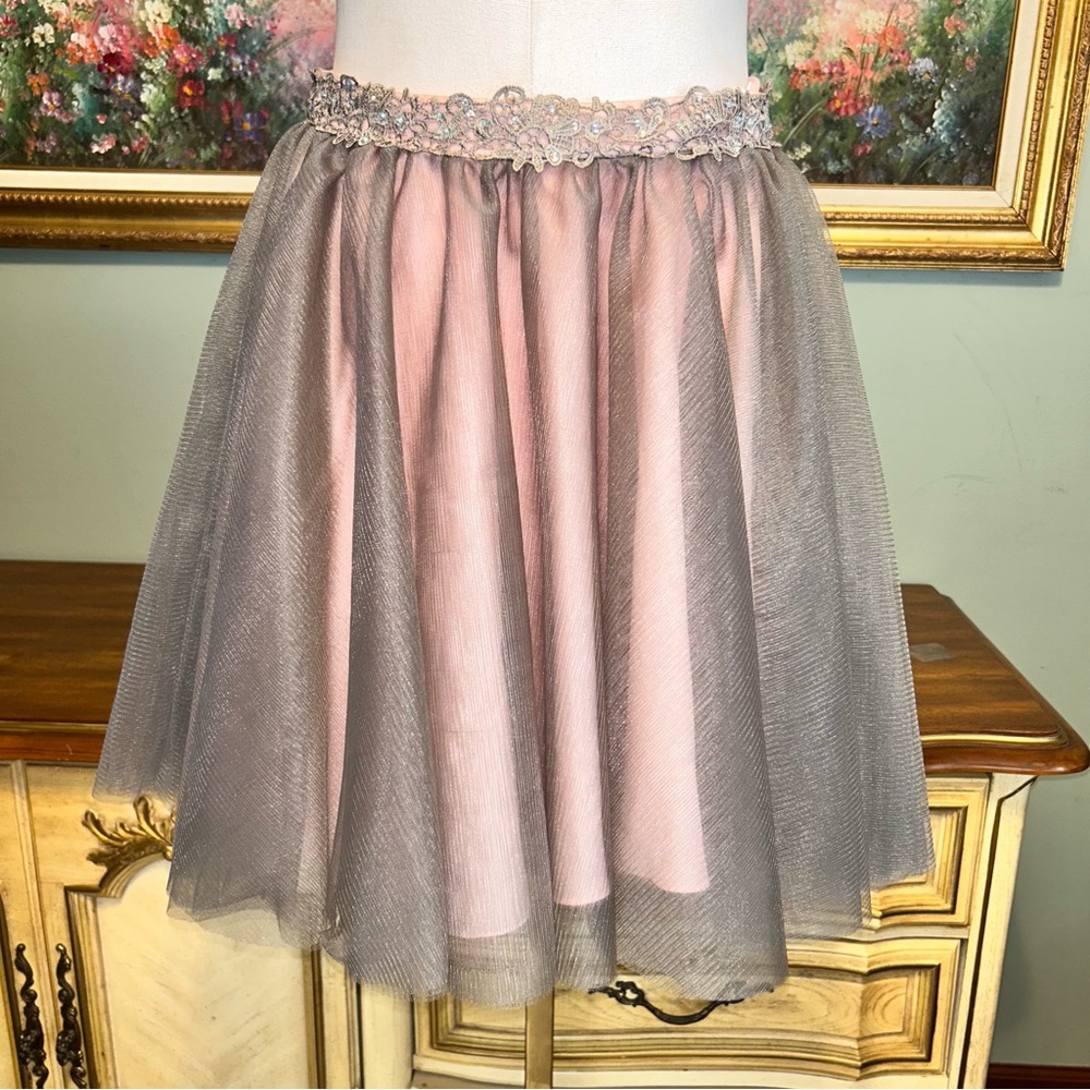 Alyce Paris Pink Silver Rhinestone Lace Embellished Tulle Costume Dance Skirt